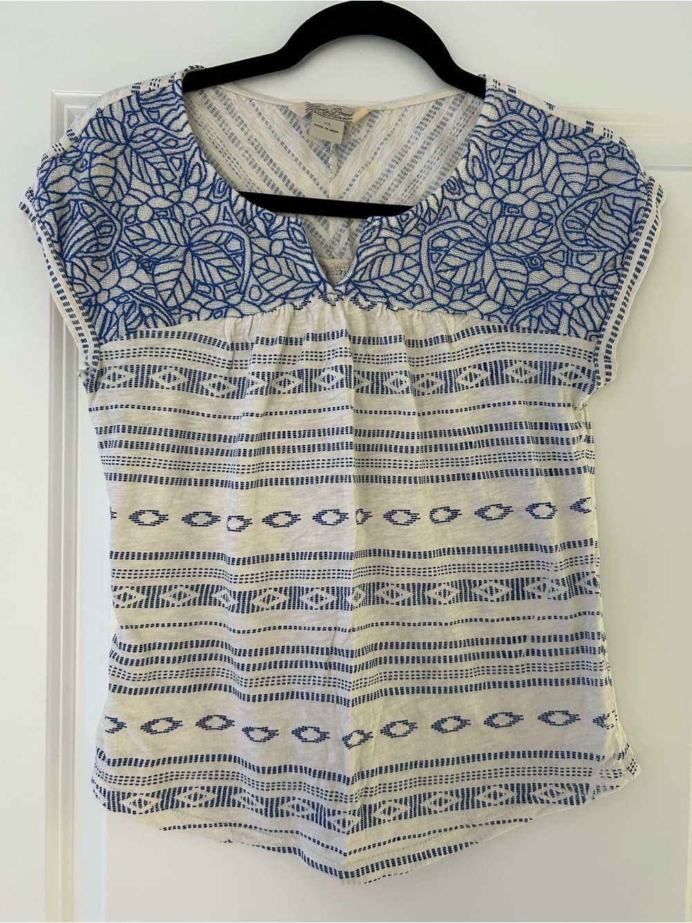 Lucky Brand White Blouse with Blue Embroidered Yoke